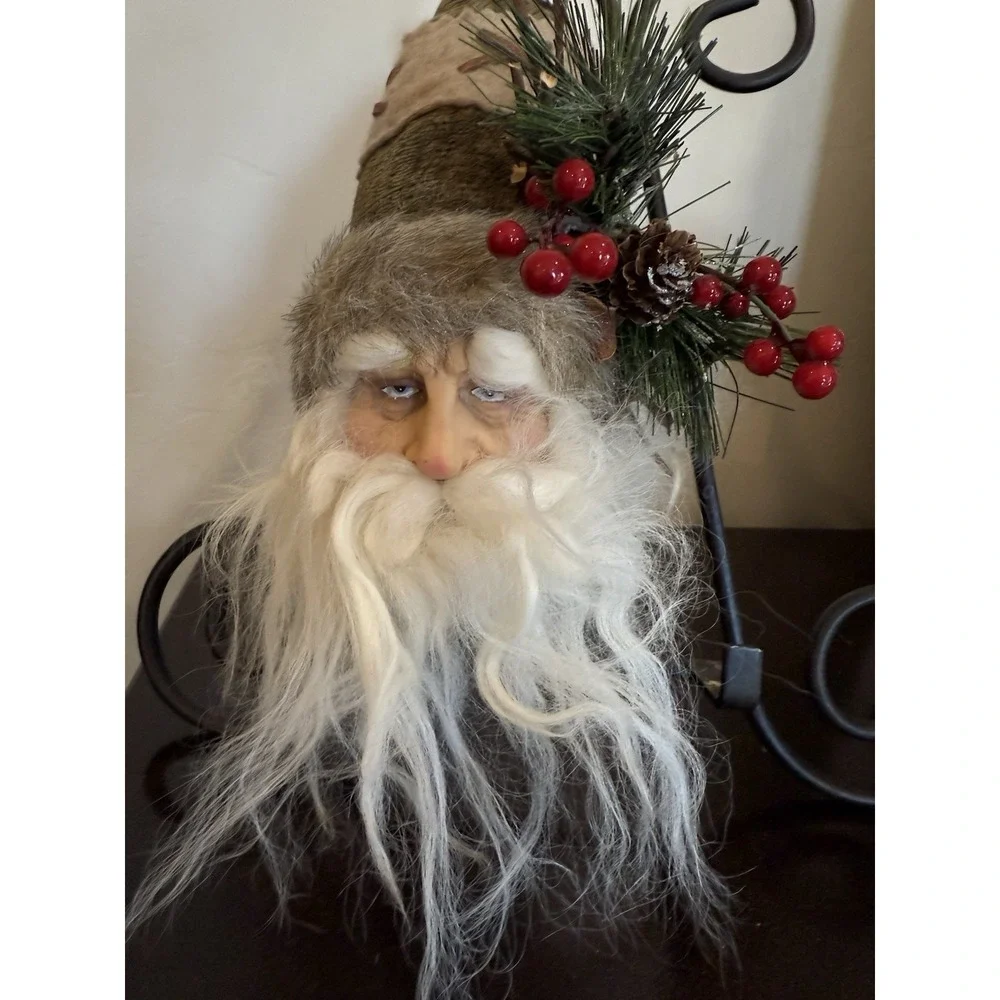 VintageSanta head Christmas tree ornnament w/ ceramic face, faux fur, pine cones